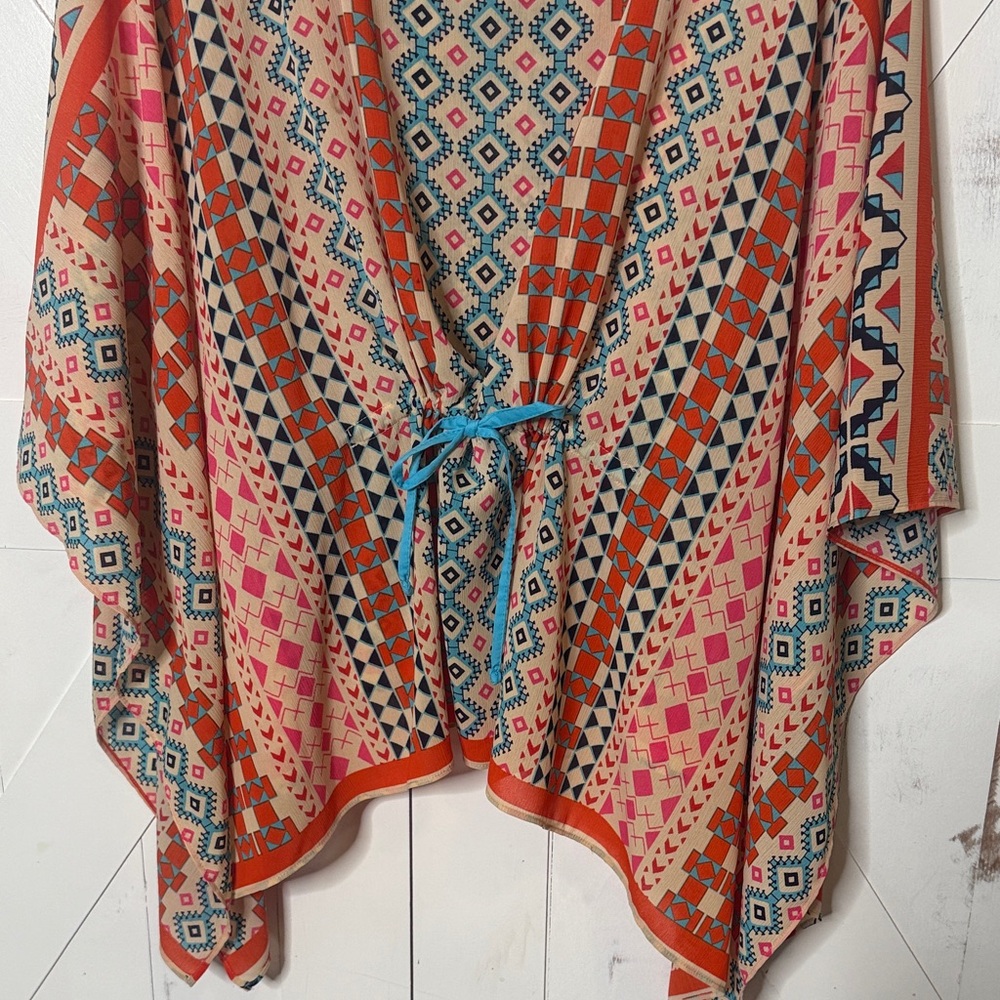 Laundry by Shelli Segal Geometric Orange Teal Poncho - Picture 4 of 8